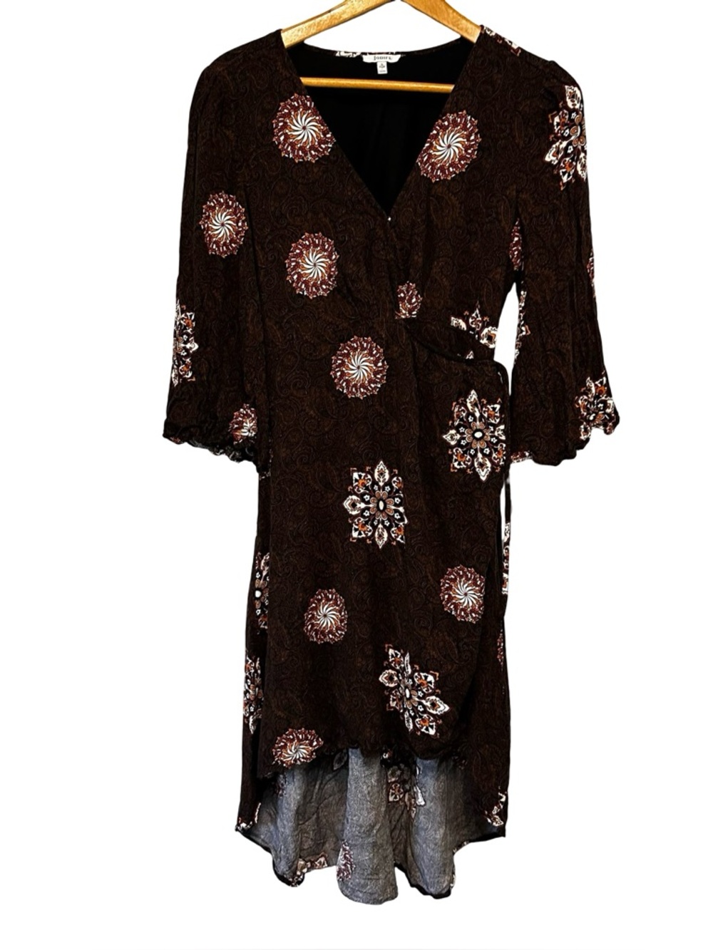 Jodifl Brown Paisley Midi Wrap Dress Size Small Hi Low Hem Boho Fall Chic